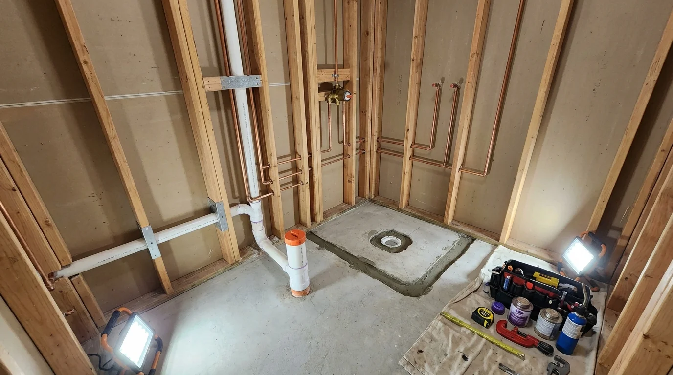 Bathroom rough-in plumbing during remodel by Johns Plumbing LLC in Washougal