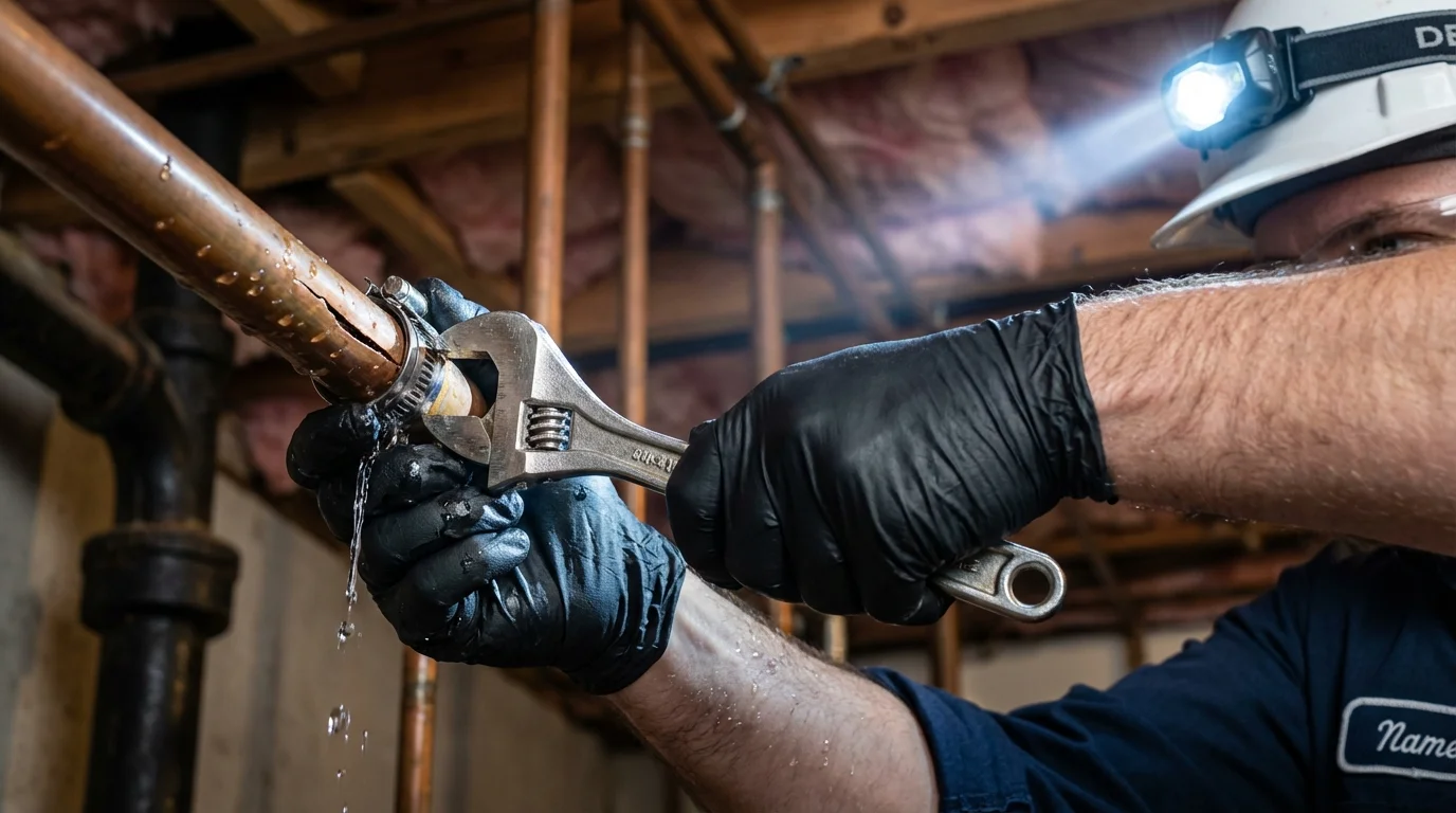 Emergency pipe clamp repair being performed by a Johns Plumbing LLC plumber in Washougal