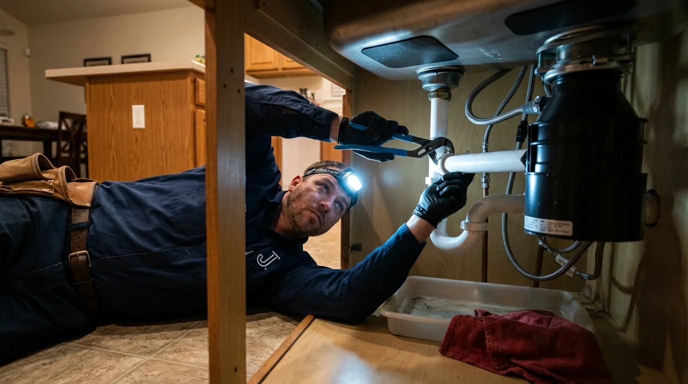 P-trap and supply line connections under a kitchen sink showing a common leak point in Washougal, WA